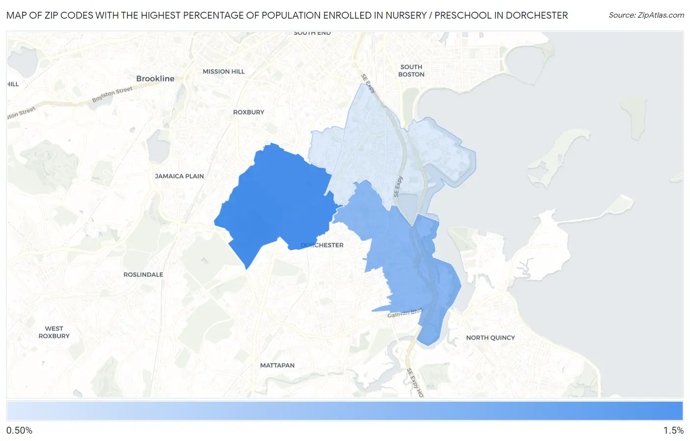 Zip Codes with the Highest Percentage of Population Enrolled in Nursery / Preschool in Dorchester Map