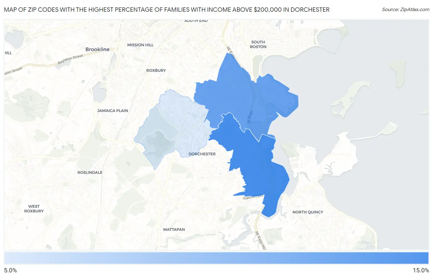 Zip Codes with the Highest Percentage of Families with Income Above $200,000 in Dorchester Map