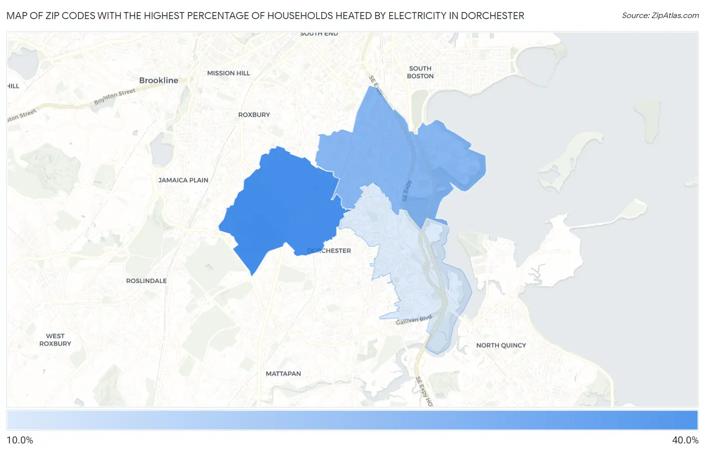 Zip Codes with the Highest Percentage of Households Heated by Electricity in Dorchester Map