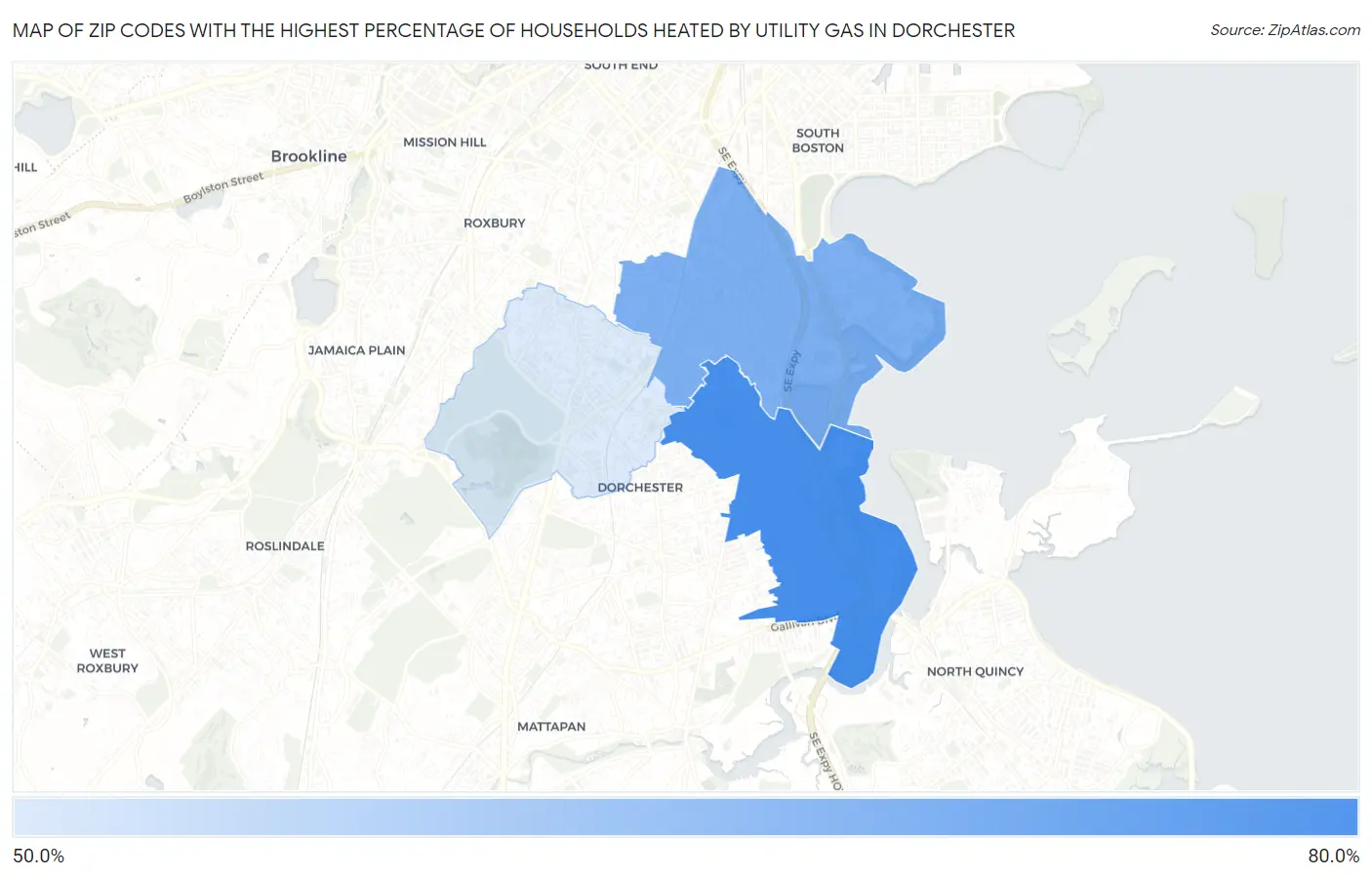 Zip Codes with the Highest Percentage of Households Heated by Utility Gas in Dorchester Map