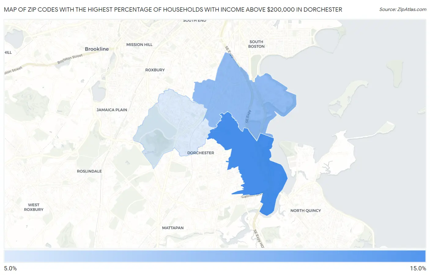 Zip Codes with the Highest Percentage of Households with Income Above $200,000 in Dorchester Map