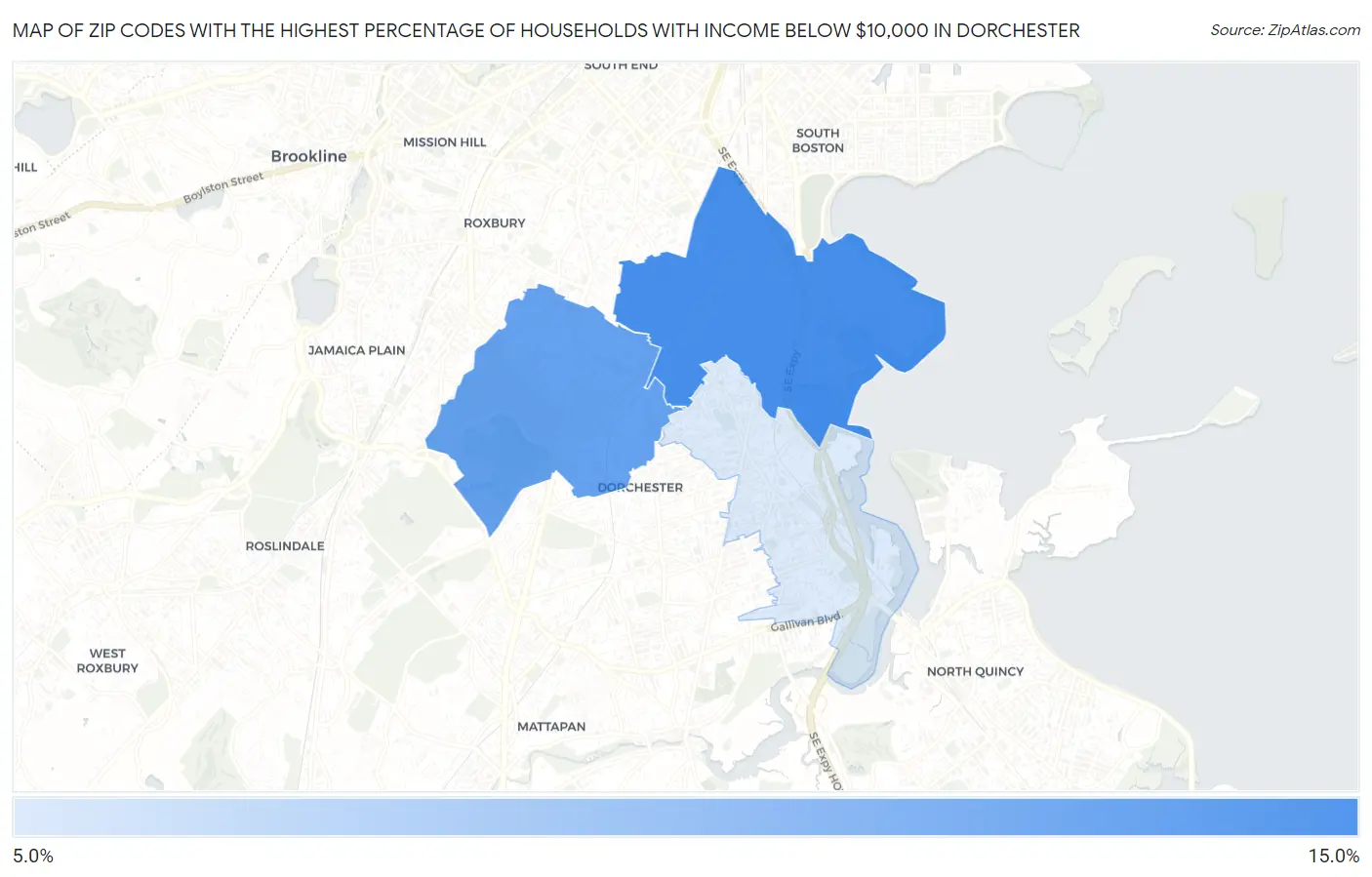 Zip Codes with the Highest Percentage of Households with Income Below $10,000 in Dorchester Map