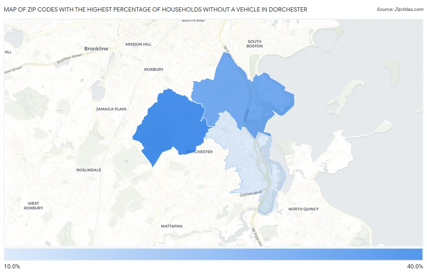 Zip Codes with the Highest Percentage of Households Without a Vehicle in Dorchester Map