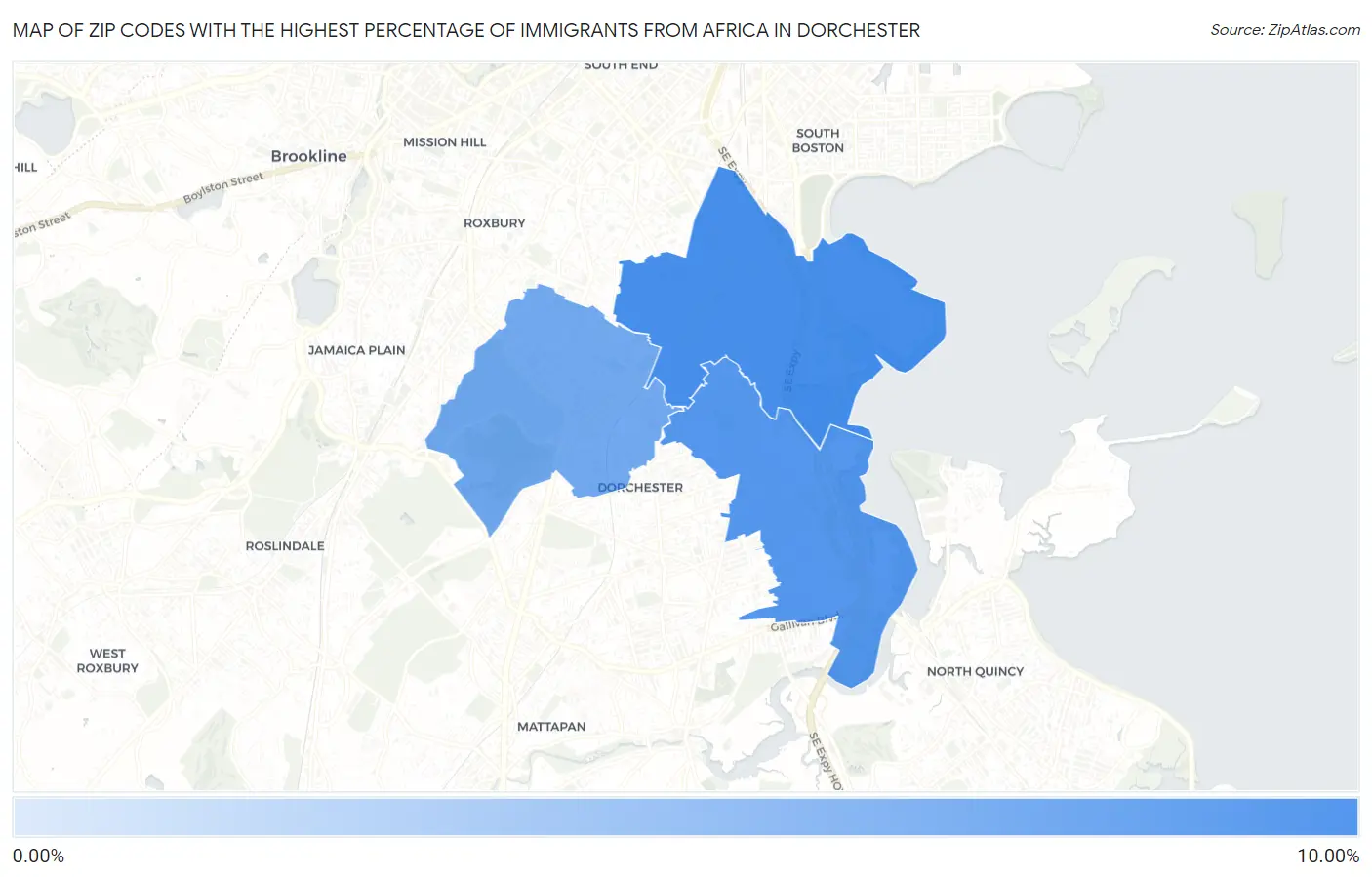 Zip Codes with the Highest Percentage of Immigrants from Africa in Dorchester Map