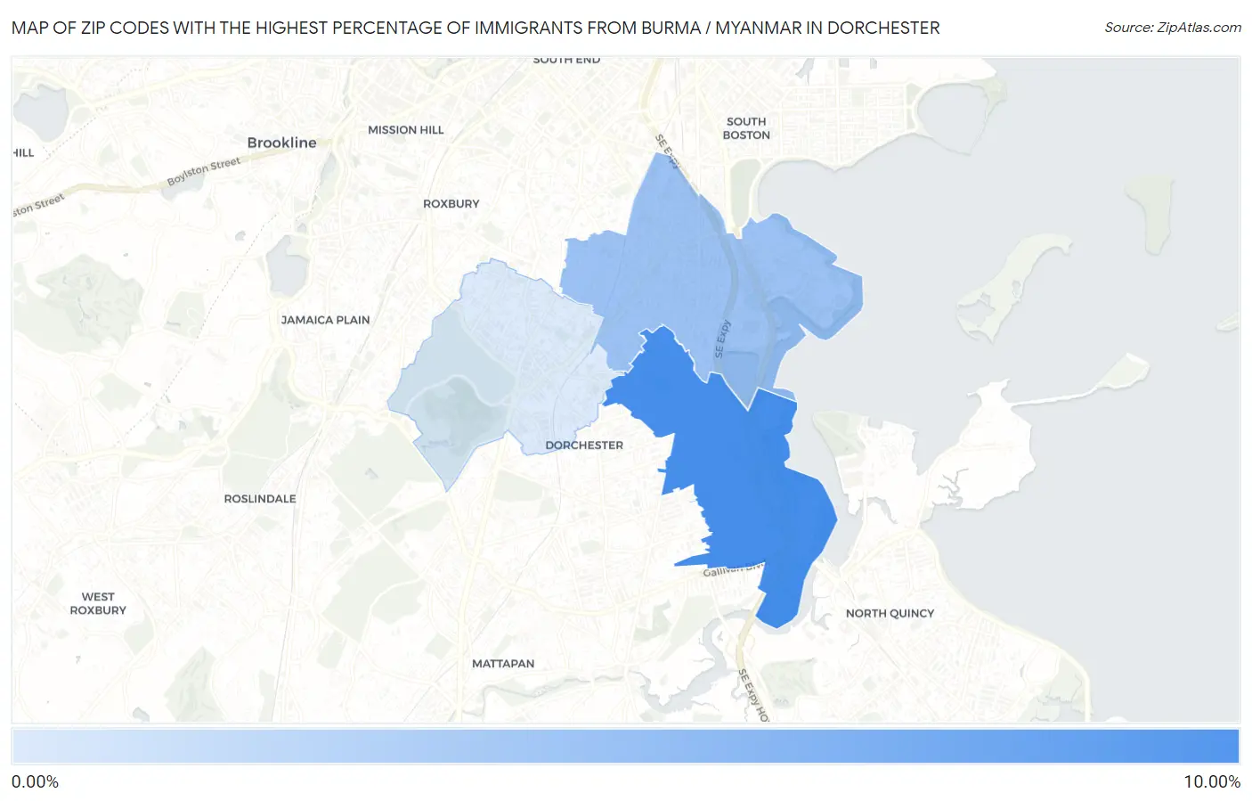 Zip Codes with the Highest Percentage of Immigrants from Burma / Myanmar in Dorchester Map