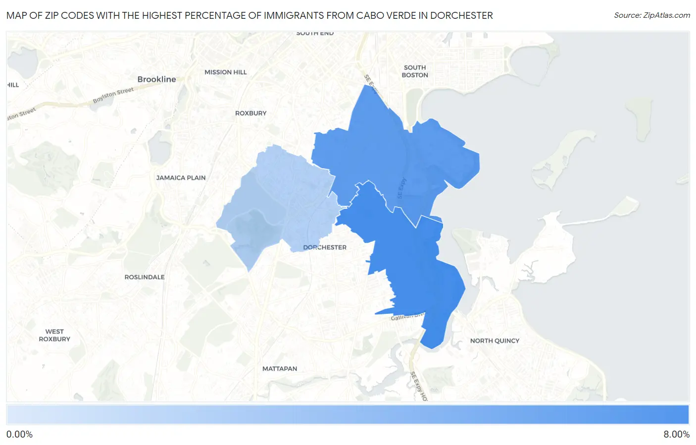 Zip Codes with the Highest Percentage of Immigrants from Cabo Verde in Dorchester Map