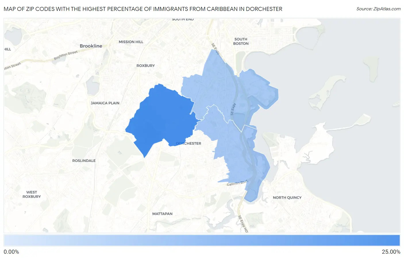 Zip Codes with the Highest Percentage of Immigrants from Caribbean in Dorchester Map