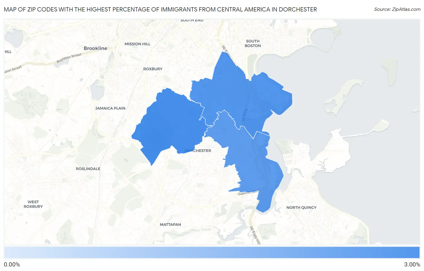 Zip Codes with the Highest Percentage of Immigrants from Central America in Dorchester Map