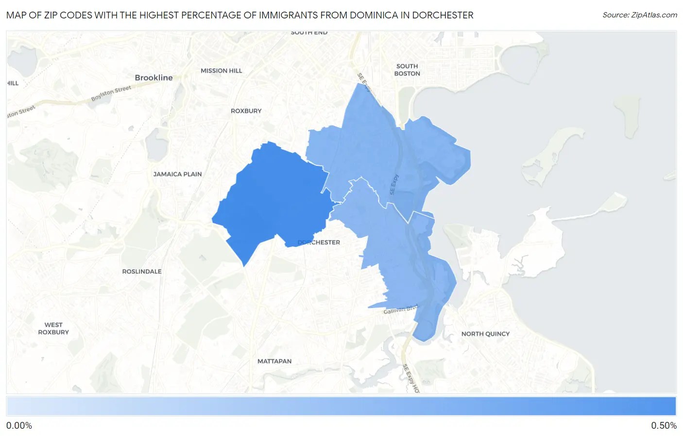 Zip Codes with the Highest Percentage of Immigrants from Dominica in Dorchester Map