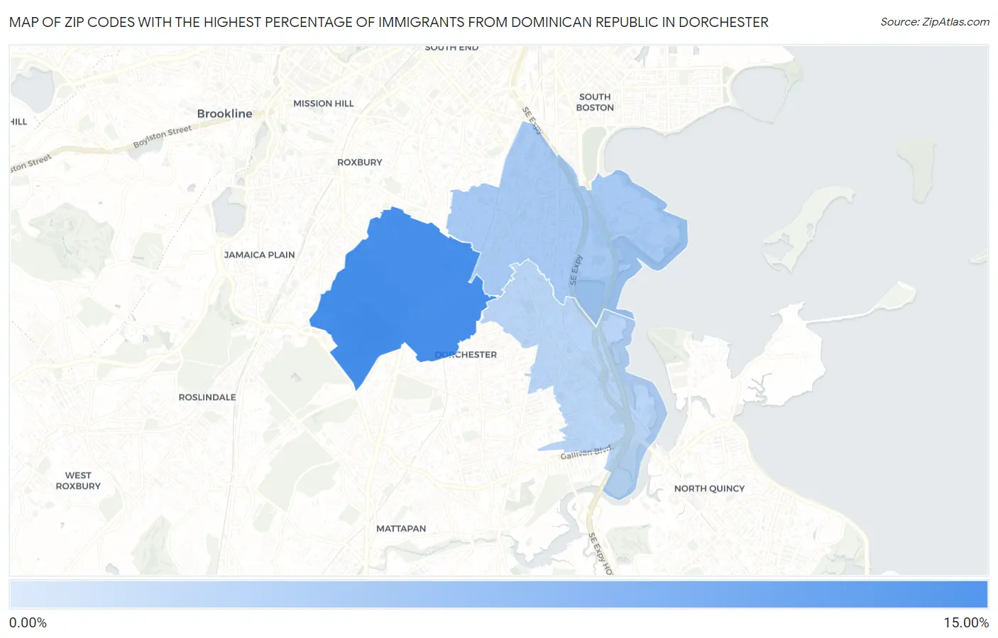 Zip Codes with the Highest Percentage of Immigrants from Dominican Republic in Dorchester Map