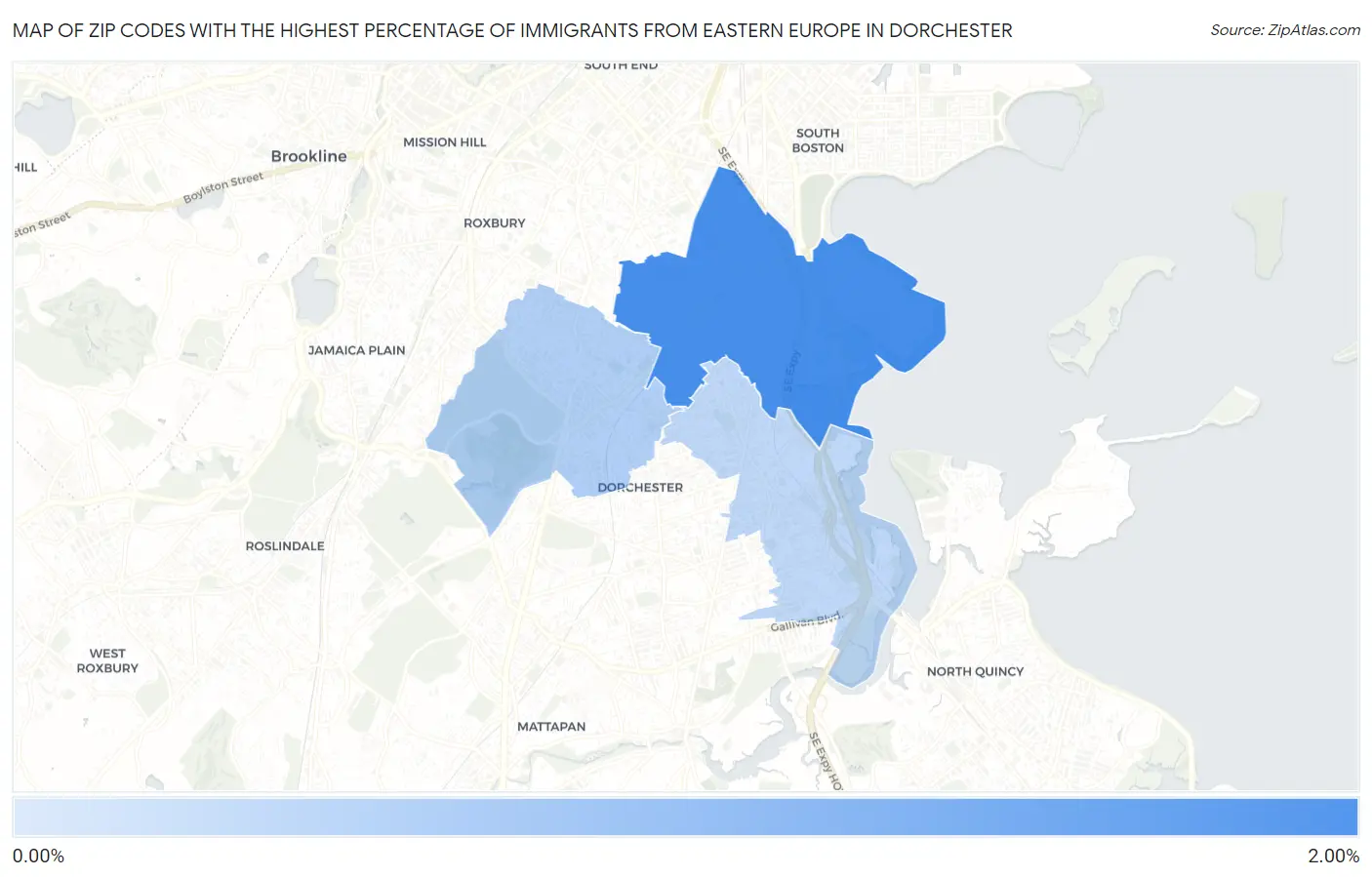 Zip Codes with the Highest Percentage of Immigrants from Eastern Europe in Dorchester Map