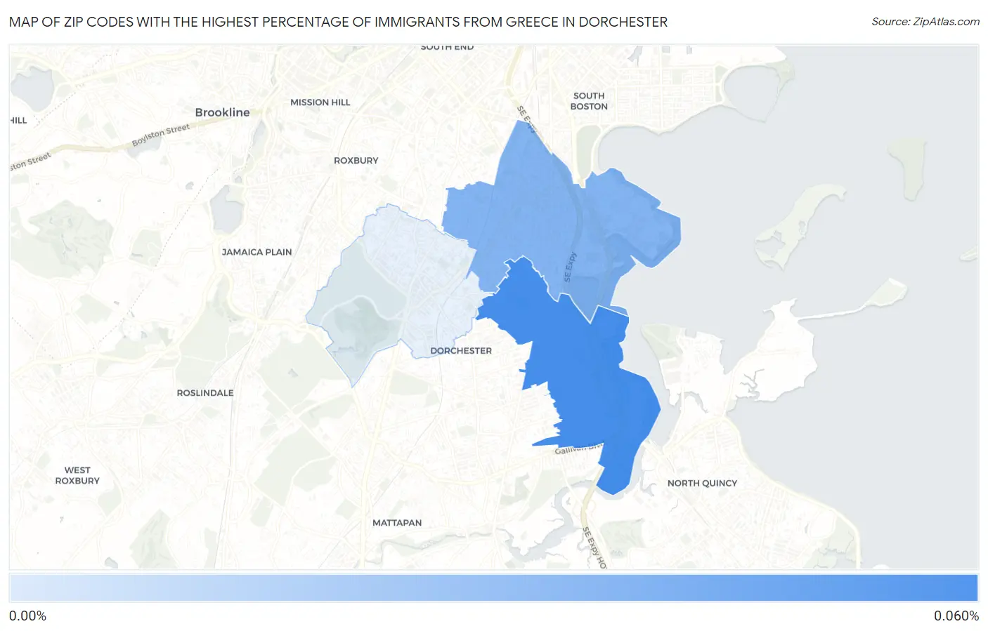 Zip Codes with the Highest Percentage of Immigrants from Greece in Dorchester Map