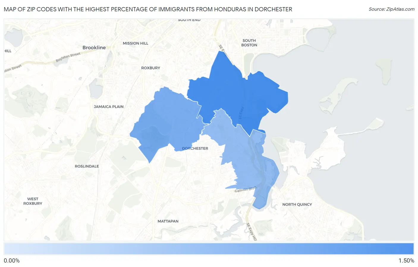 Zip Codes with the Highest Percentage of Immigrants from Honduras in Dorchester Map