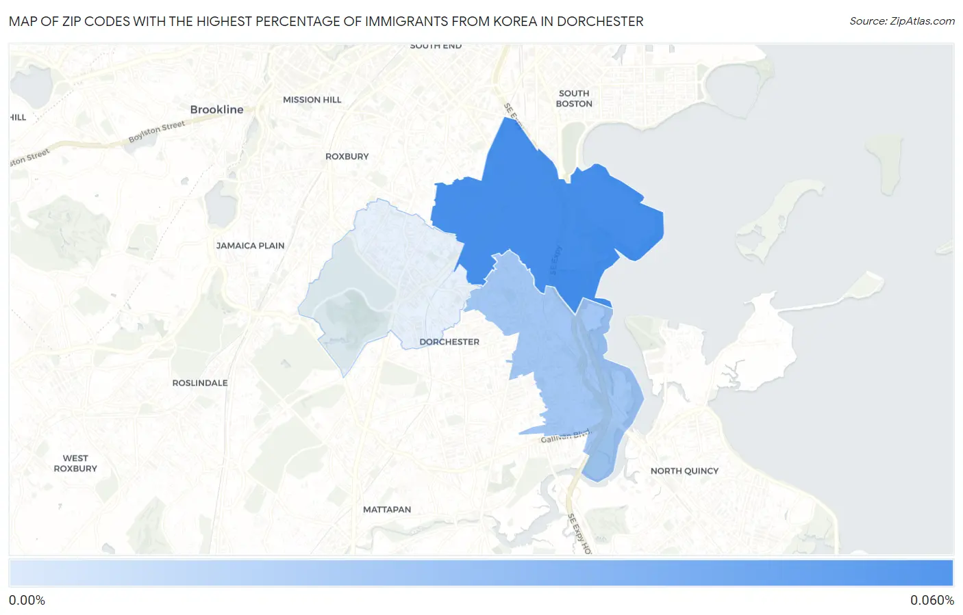 Zip Codes with the Highest Percentage of Immigrants from Korea in Dorchester Map