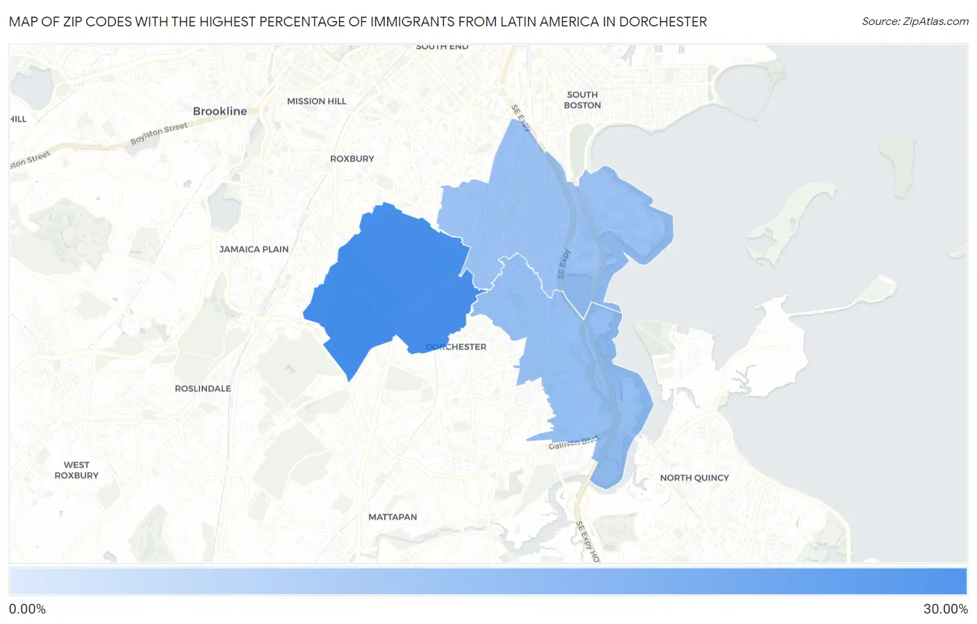 Zip Codes with the Highest Percentage of Immigrants from Latin America in Dorchester Map