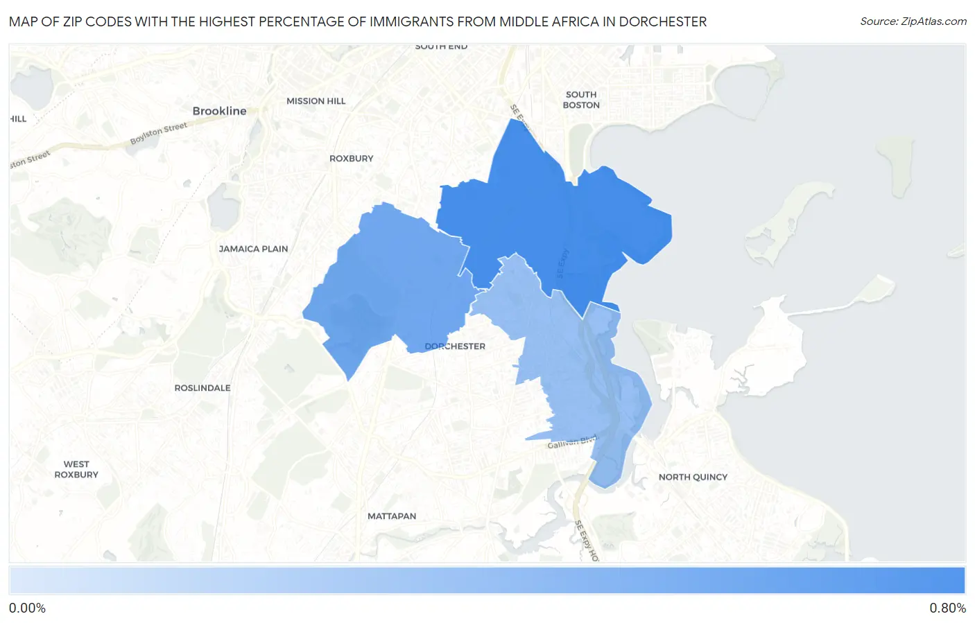 Zip Codes with the Highest Percentage of Immigrants from Middle Africa in Dorchester Map