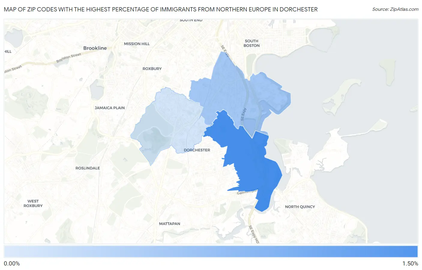Zip Codes with the Highest Percentage of Immigrants from Northern Europe in Dorchester Map