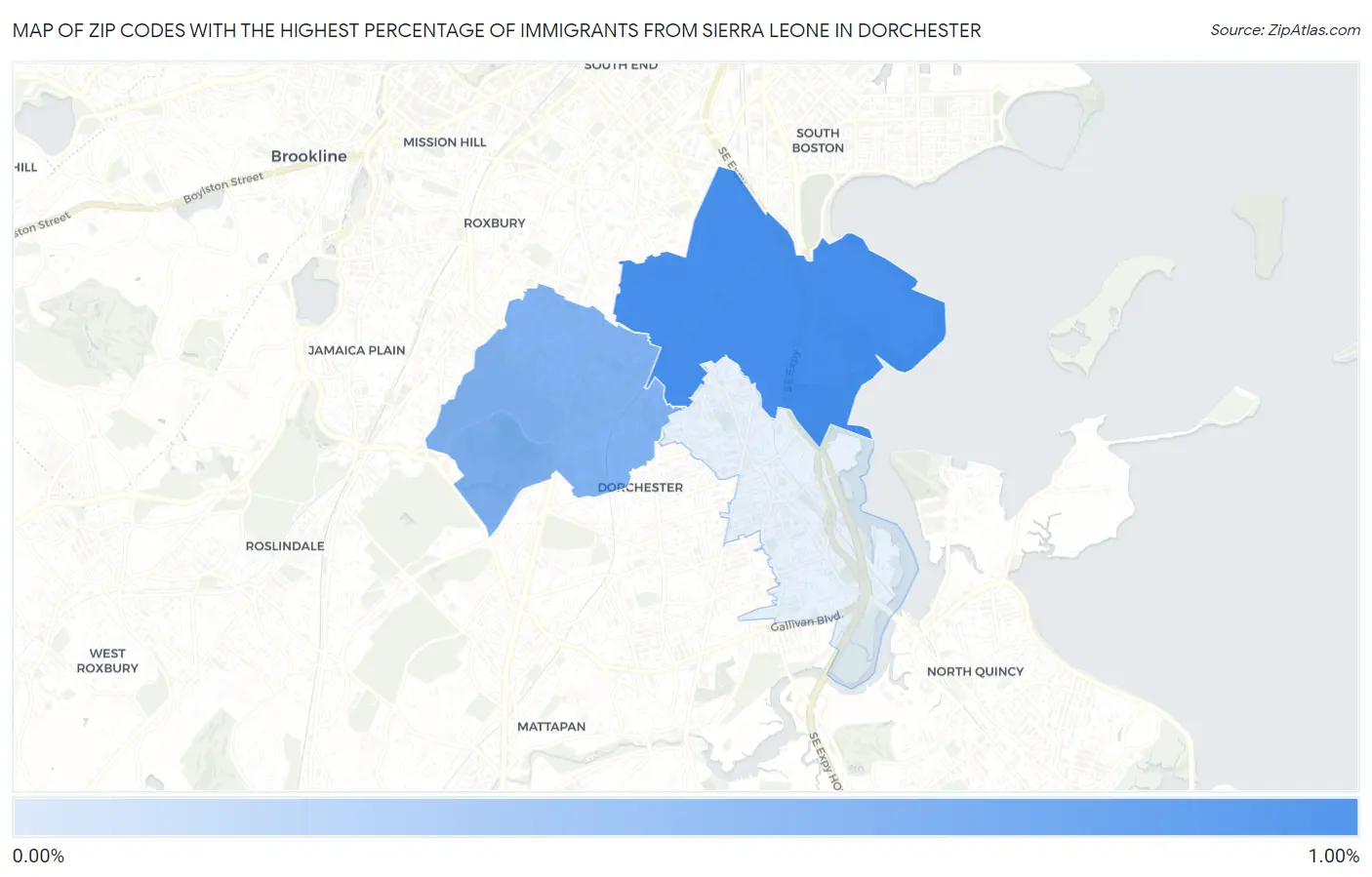 Zip Codes with the Highest Percentage of Immigrants from Sierra Leone in Dorchester Map