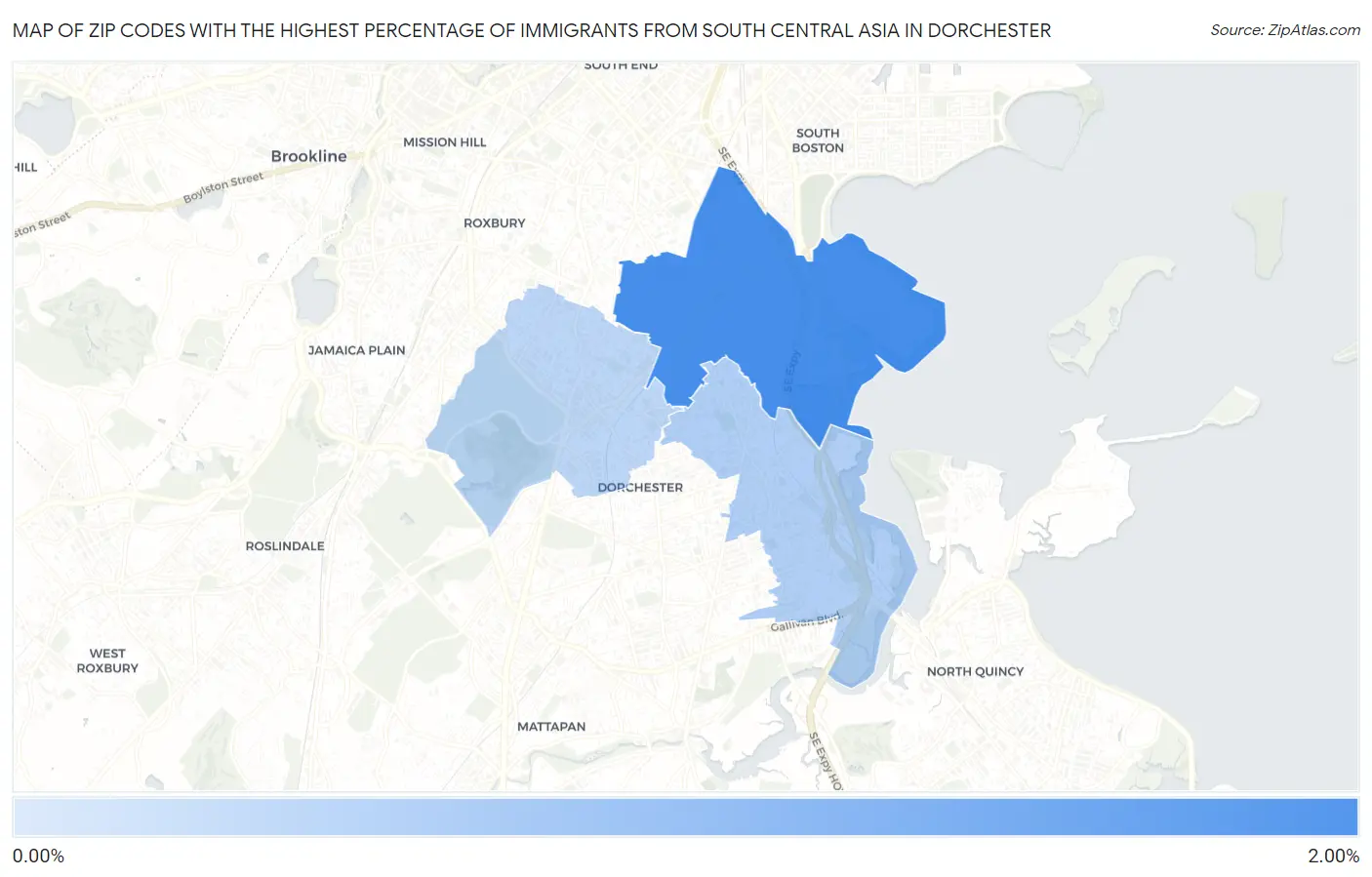Zip Codes with the Highest Percentage of Immigrants from South Central Asia in Dorchester Map