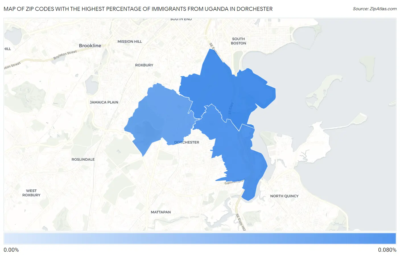 Zip Codes with the Highest Percentage of Immigrants from Uganda in Dorchester Map