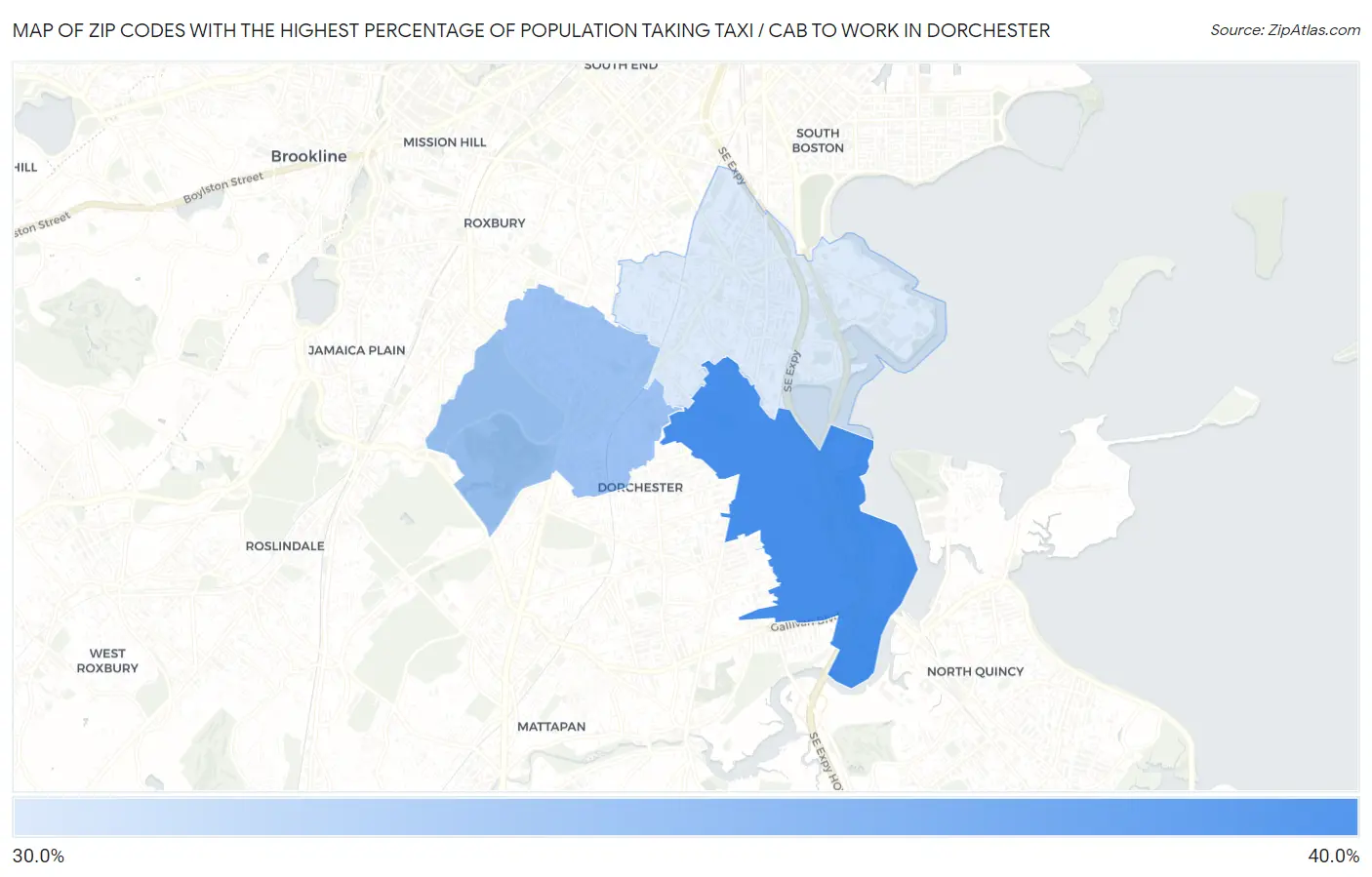 Zip Codes with the Highest Percentage of Population Taking Taxi / Cab to Work in Dorchester Map