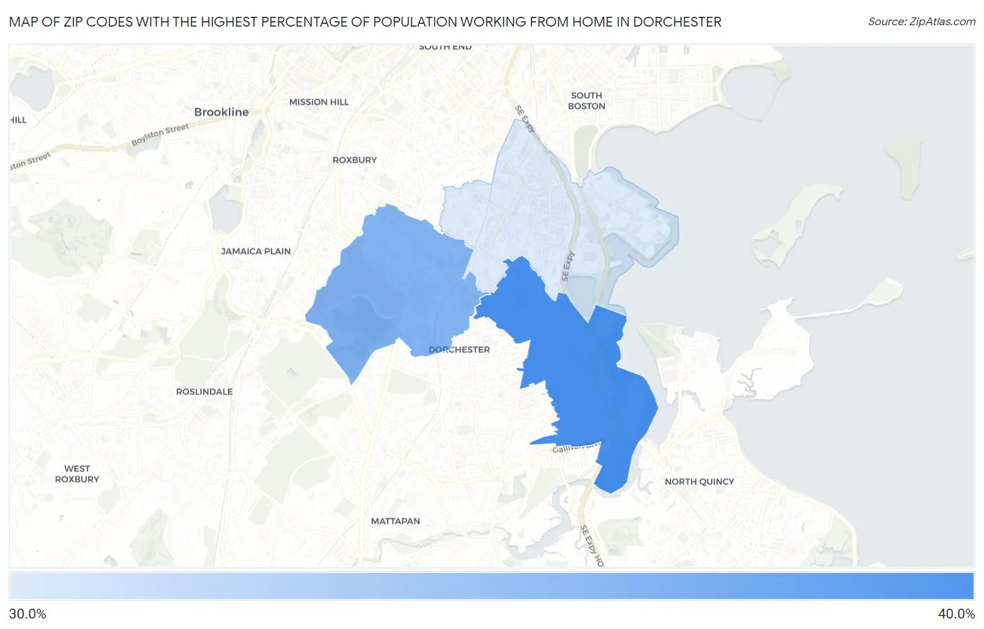 Zip Codes with the Highest Percentage of Population Working from Home in Dorchester Map