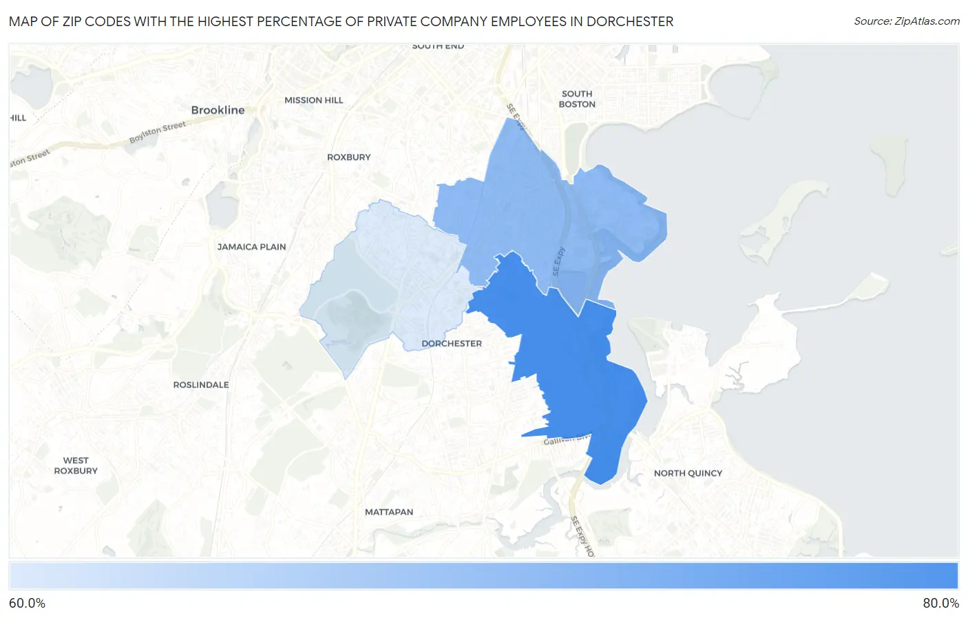 Zip Codes with the Highest Percentage of Private Company Employees in Dorchester Map