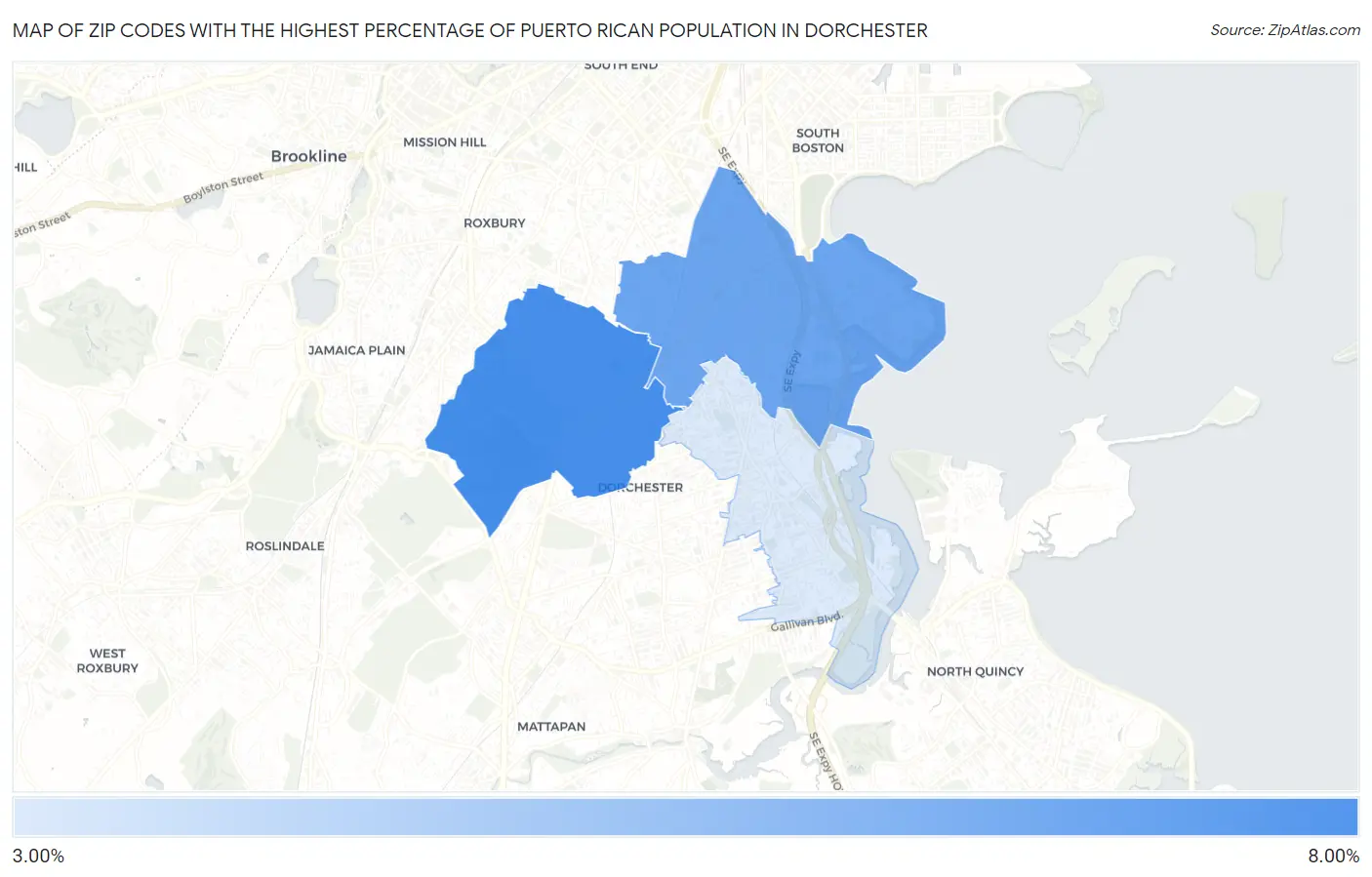 Zip Codes with the Highest Percentage of Puerto Rican Population in Dorchester Map