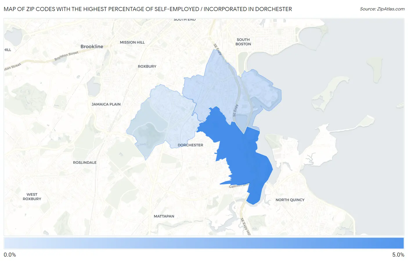 Zip Codes with the Highest Percentage of Self-Employed / Incorporated in Dorchester Map