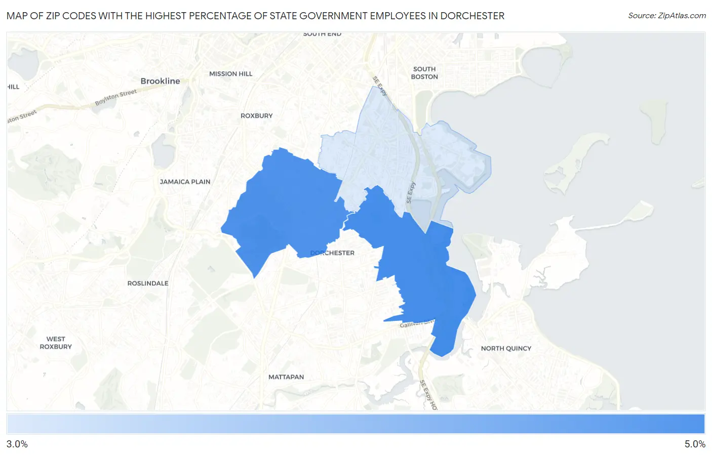 Zip Codes with the Highest Percentage of State Government Employees in Dorchester Map