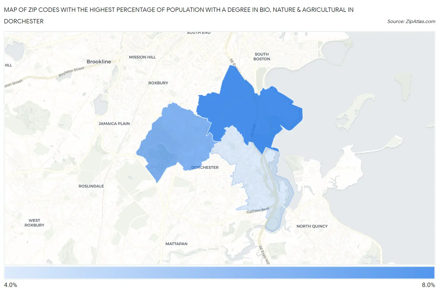 Zip Codes with the Highest Percentage of Population with a Degree in Bio, Nature & Agricultural in Dorchester Map
