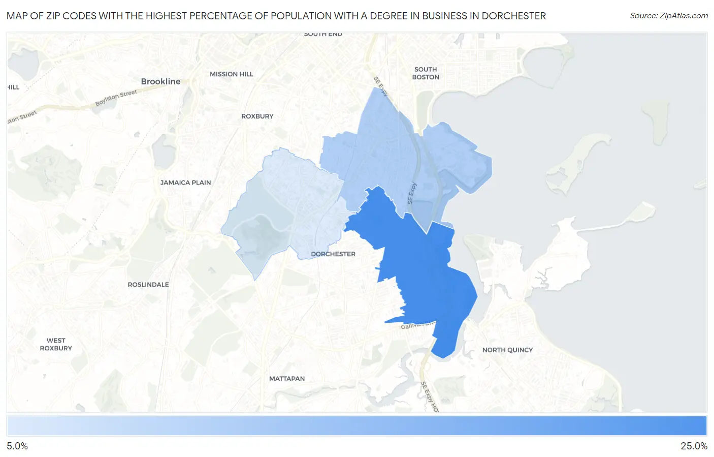 Zip Codes with the Highest Percentage of Population with a Degree in Business in Dorchester Map