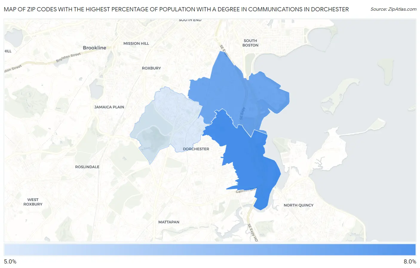 Zip Codes with the Highest Percentage of Population with a Degree in Communications in Dorchester Map