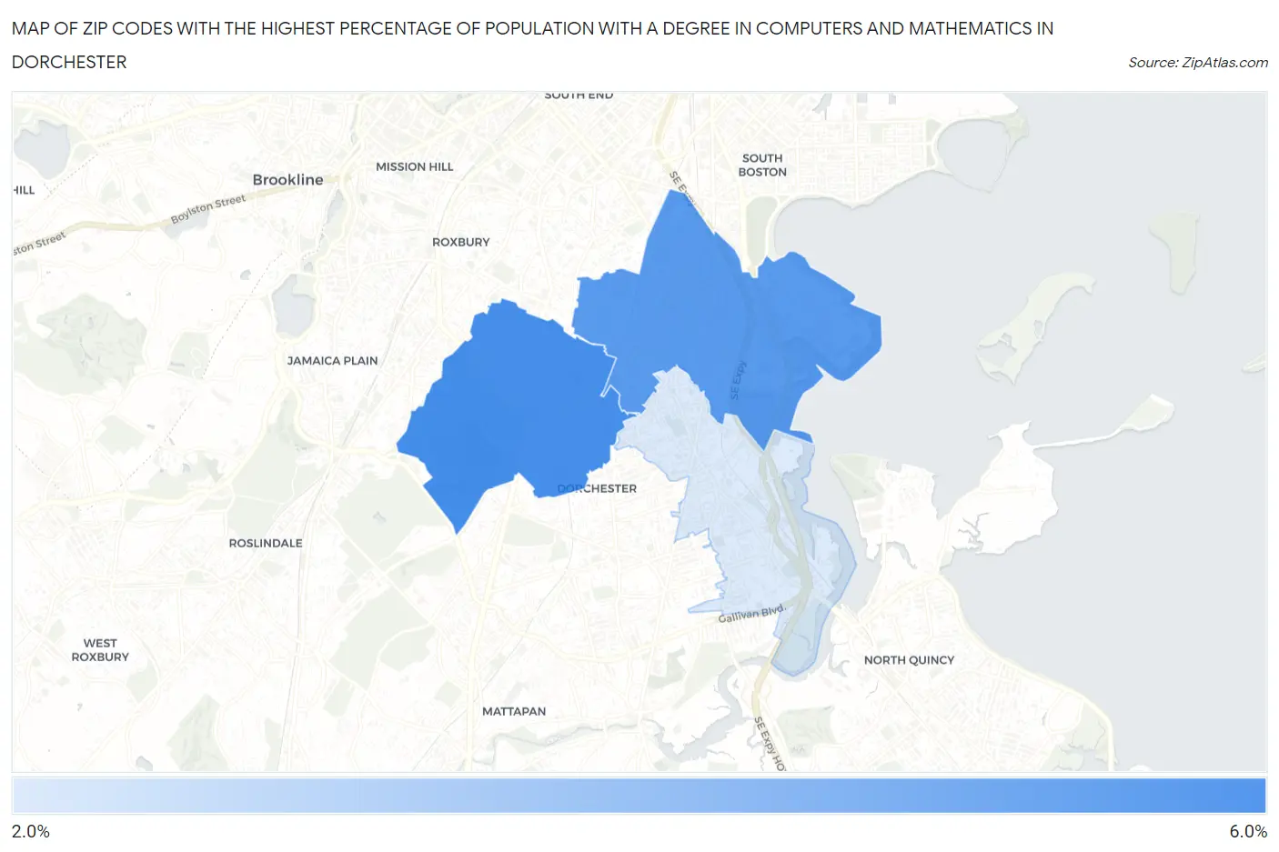 Zip Codes with the Highest Percentage of Population with a Degree in Computers and Mathematics in Dorchester Map