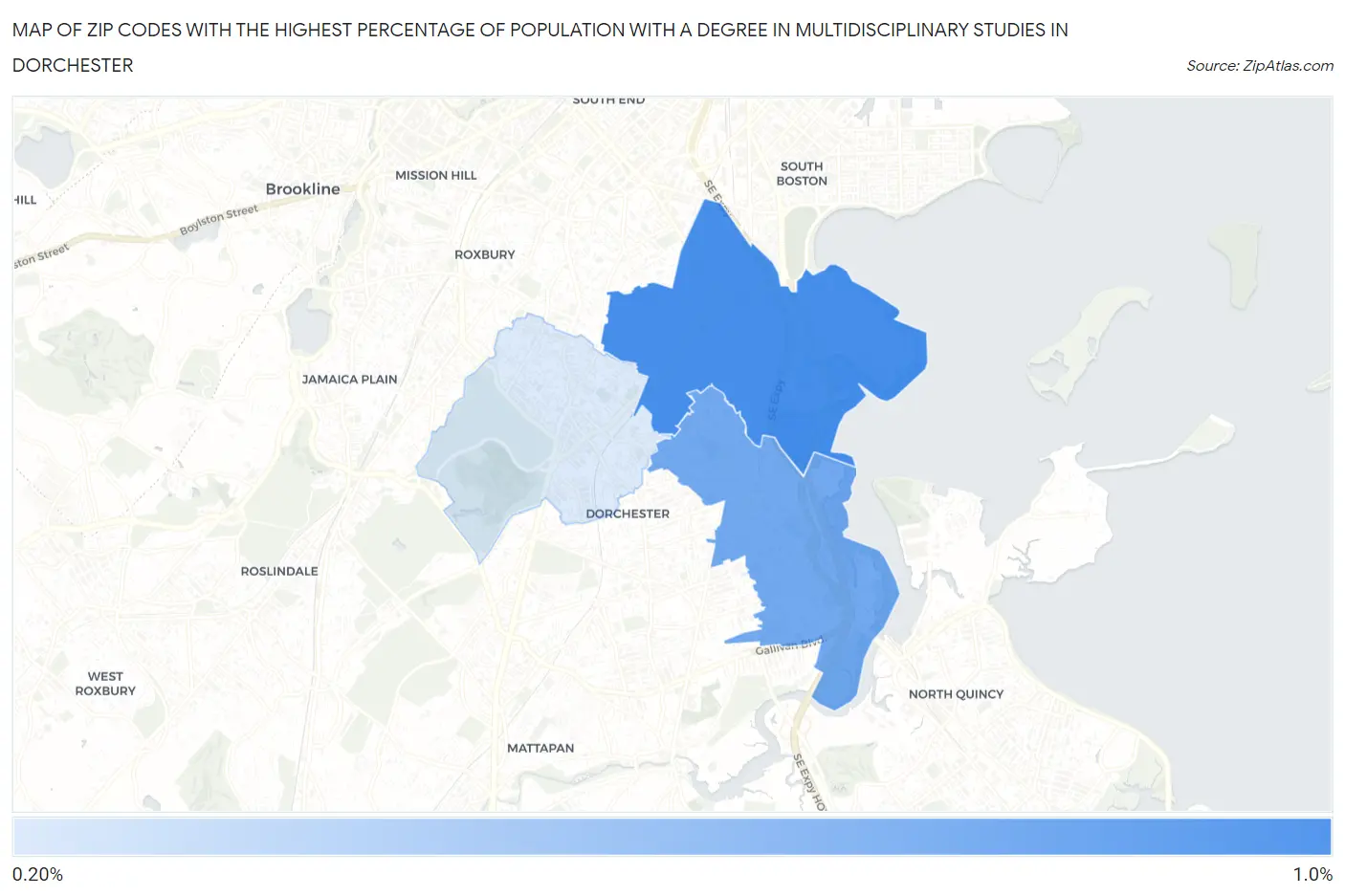 Zip Codes with the Highest Percentage of Population with a Degree in Multidisciplinary Studies in Dorchester Map