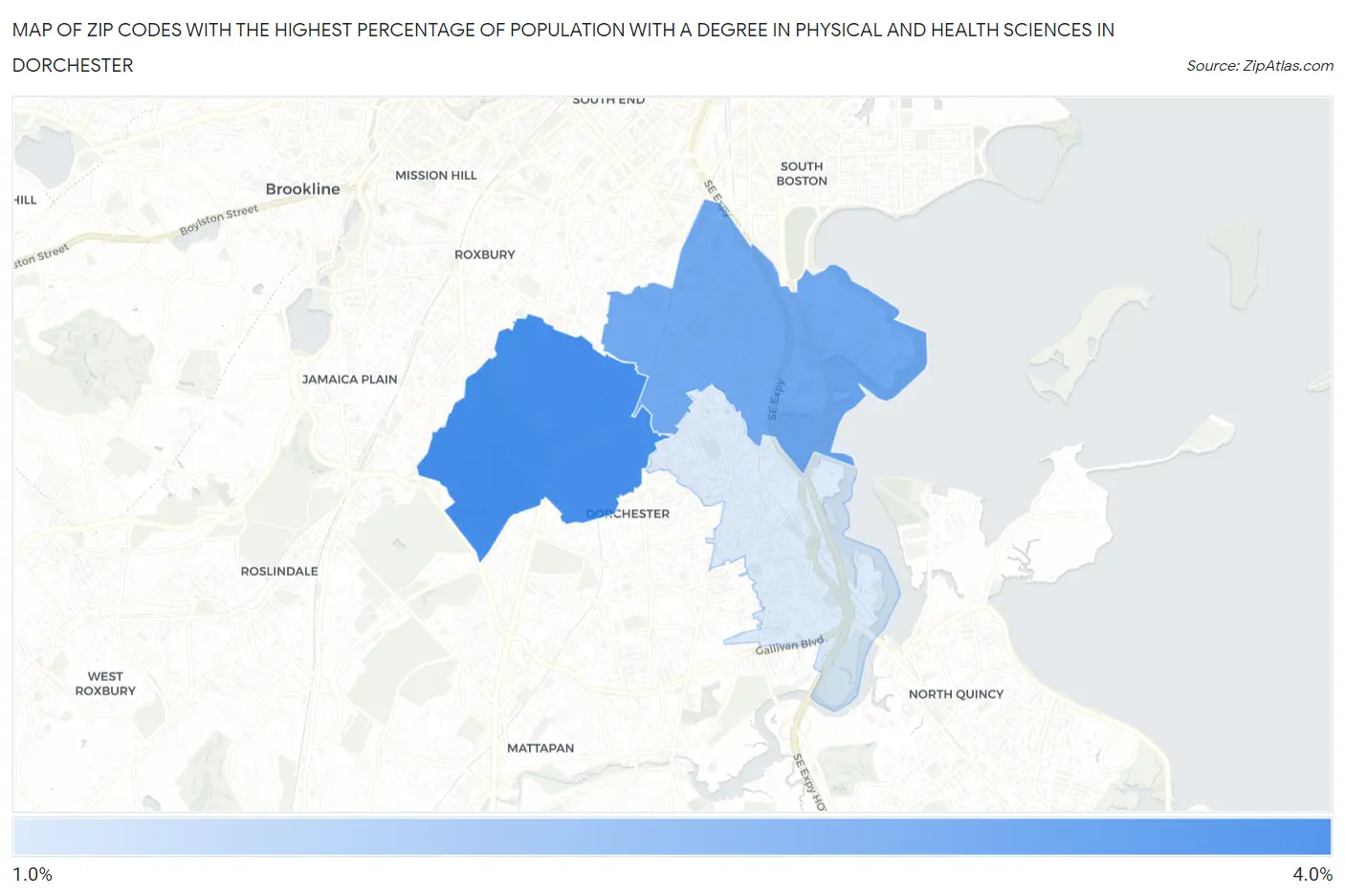 Zip Codes with the Highest Percentage of Population with a Degree in Physical and Health Sciences in Dorchester Map