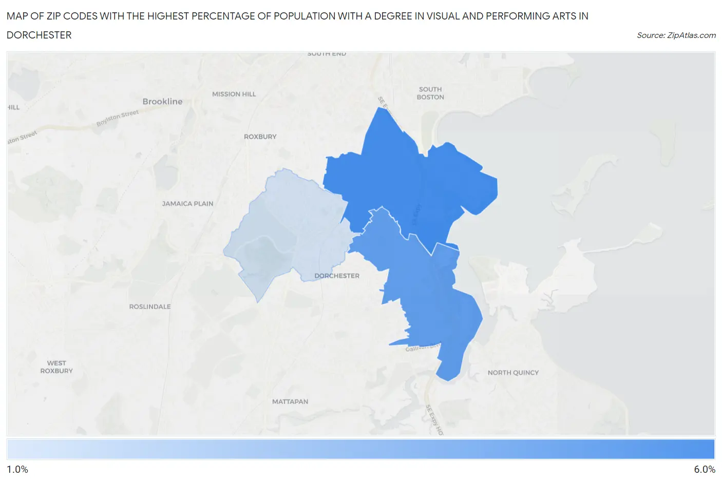 Zip Codes with the Highest Percentage of Population with a Degree in Visual and Performing Arts in Dorchester Map
