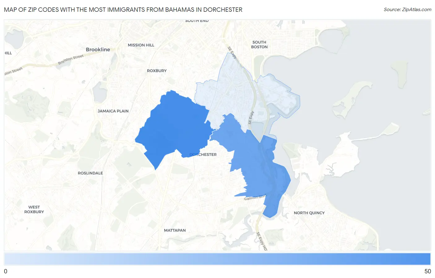 Zip Codes with the Most Immigrants from Bahamas in Dorchester Map