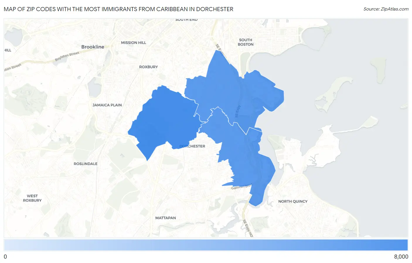Zip Codes with the Most Immigrants from Caribbean in Dorchester Map