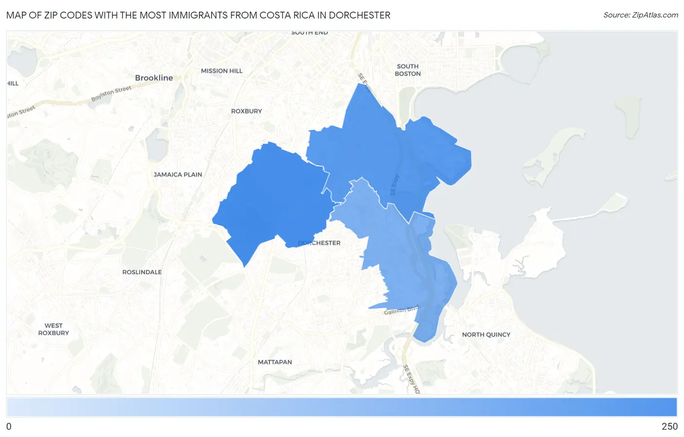 Zip Codes with the Most Immigrants from Costa Rica in Dorchester Map