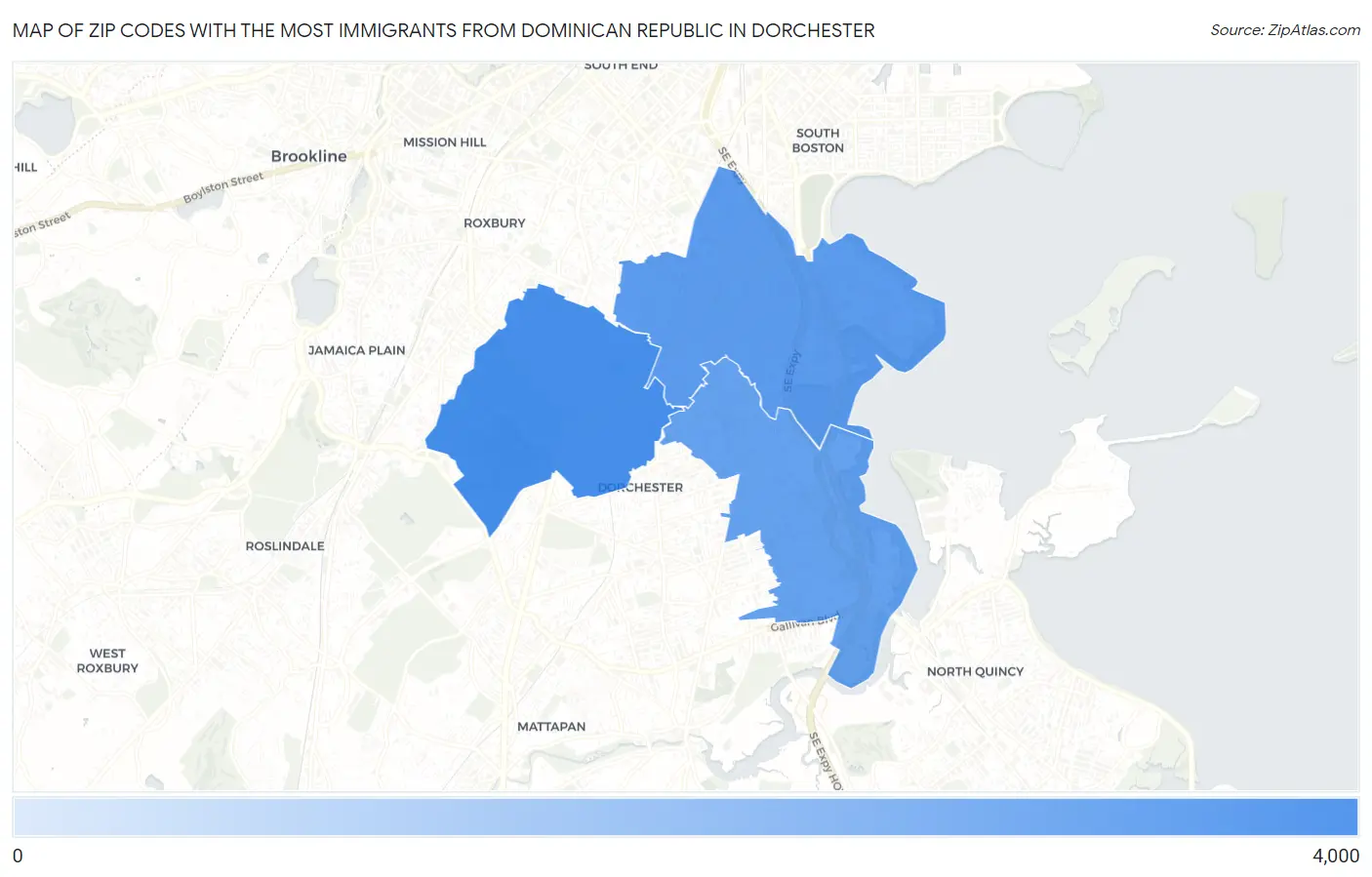 Zip Codes with the Most Immigrants from Dominican Republic in Dorchester Map