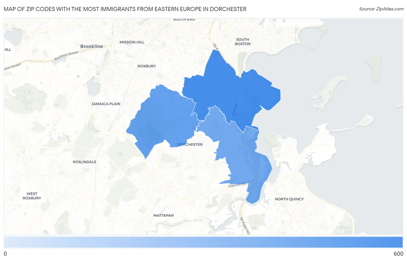 Zip Codes with the Most Immigrants from Eastern Europe in Dorchester Map