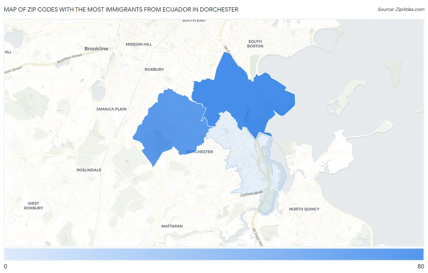Zip Codes with the Most Immigrants from Ecuador in Dorchester Map