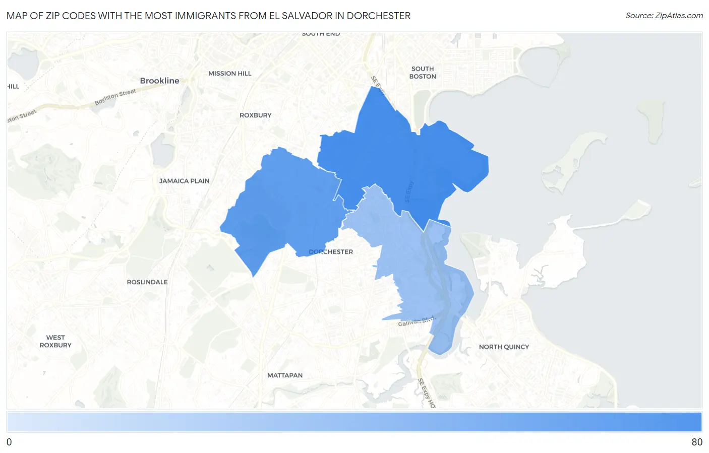 Zip Codes with the Most Immigrants from El Salvador in Dorchester Map