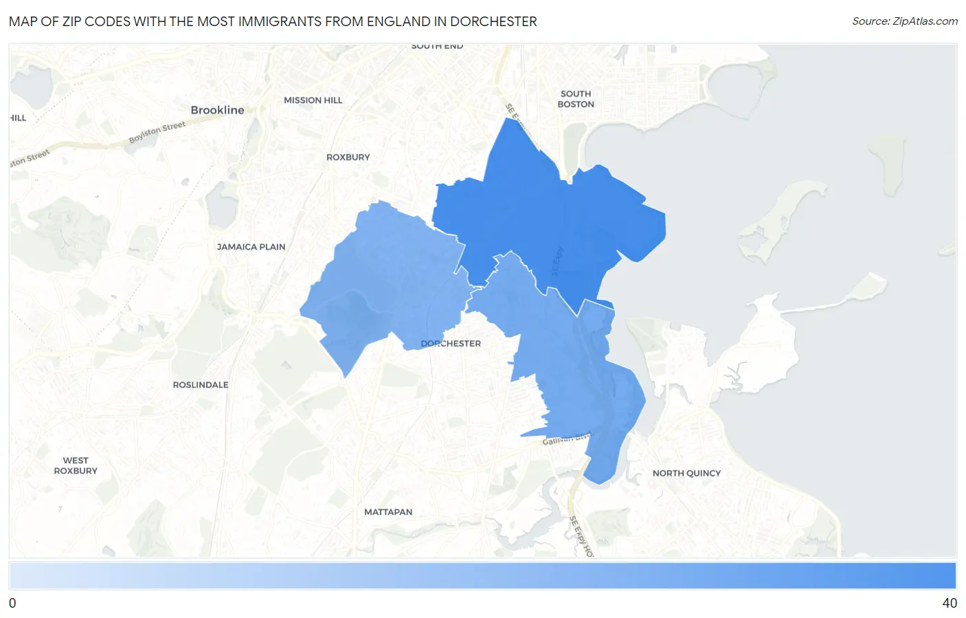Zip Codes with the Most Immigrants from England in Dorchester Map