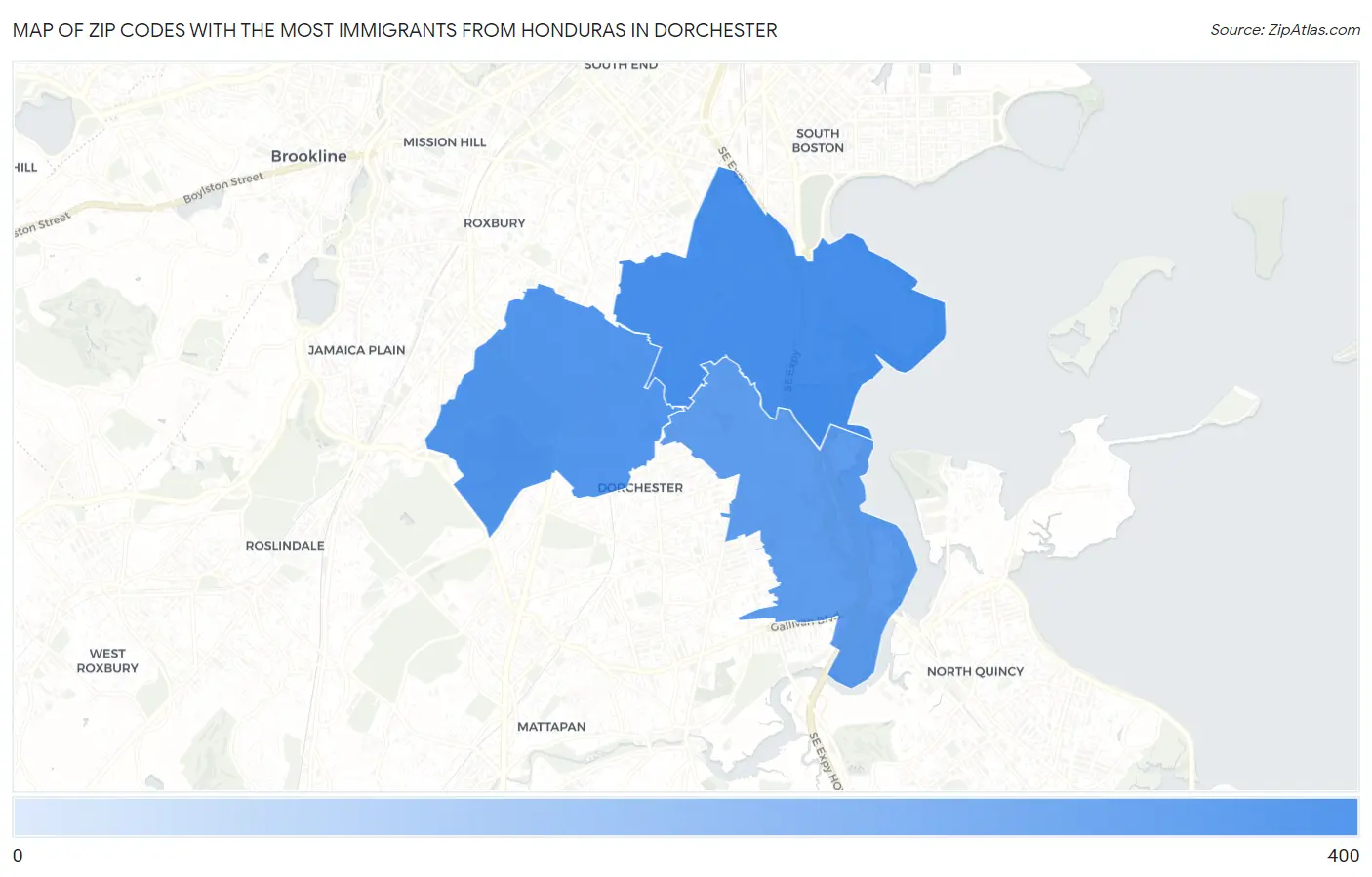 Zip Codes with the Most Immigrants from Honduras in Dorchester Map