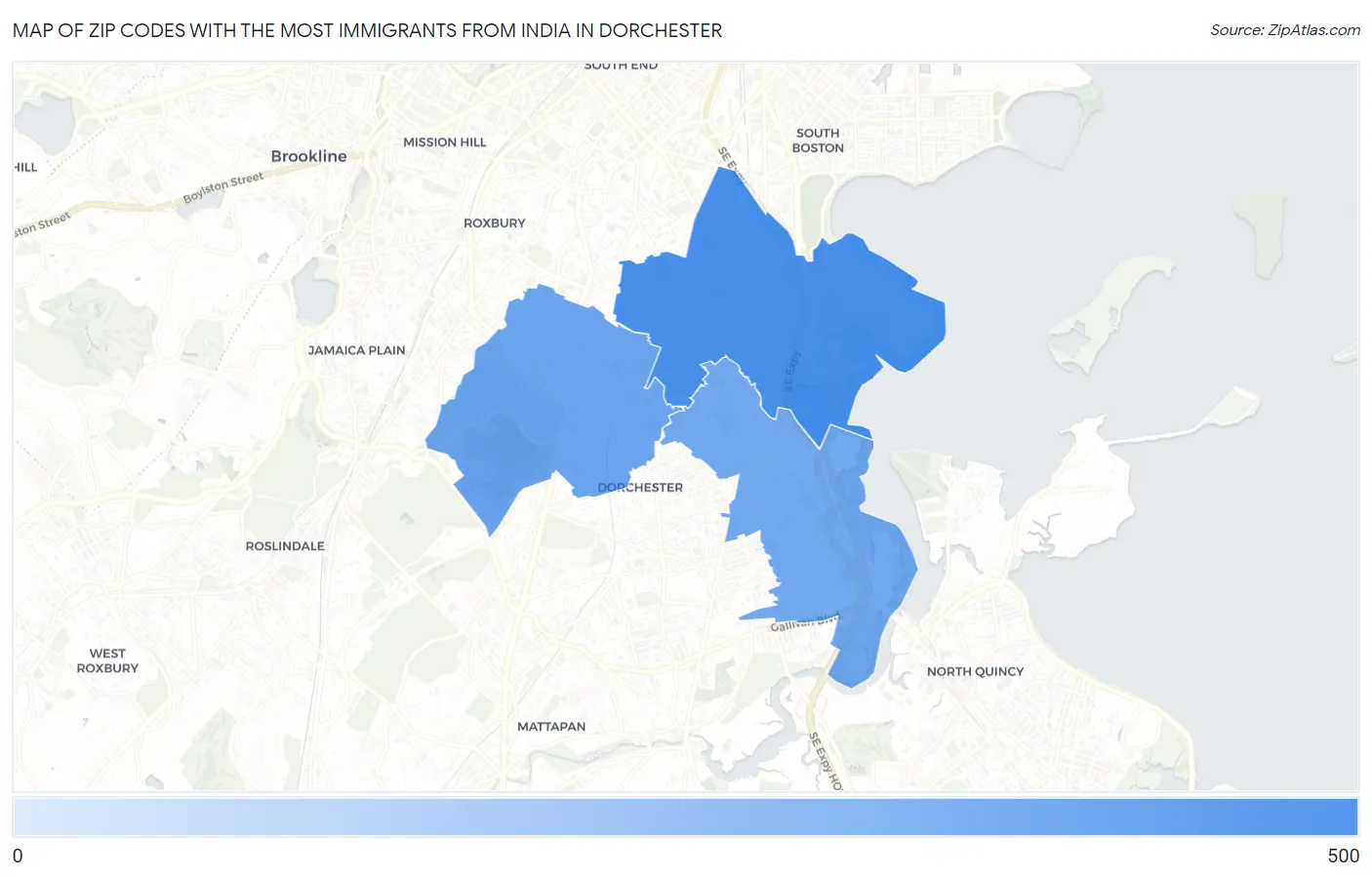 Zip Codes with the Most Immigrants from India in Dorchester Map