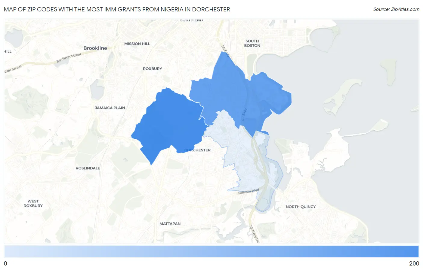 Zip Codes with the Most Immigrants from Nigeria in Dorchester Map