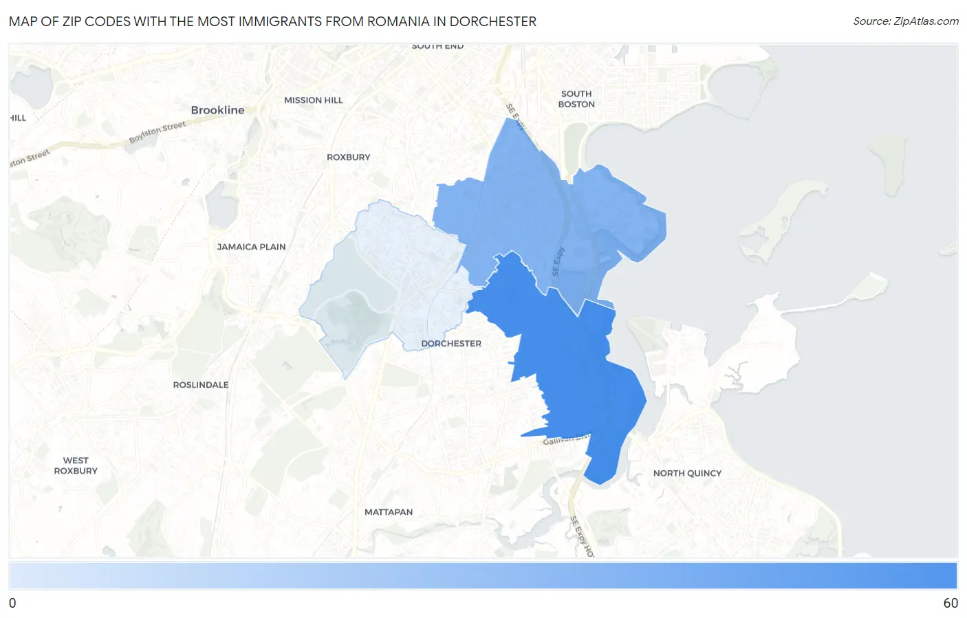 Zip Codes with the Most Immigrants from Romania in Dorchester Map