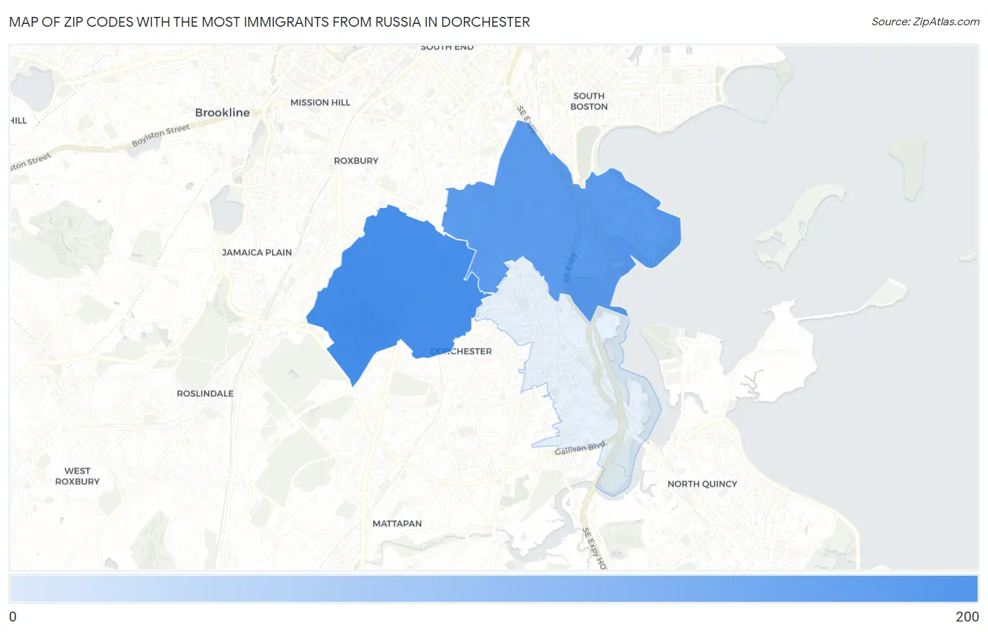 Zip Codes with the Most Immigrants from Russia in Dorchester Map